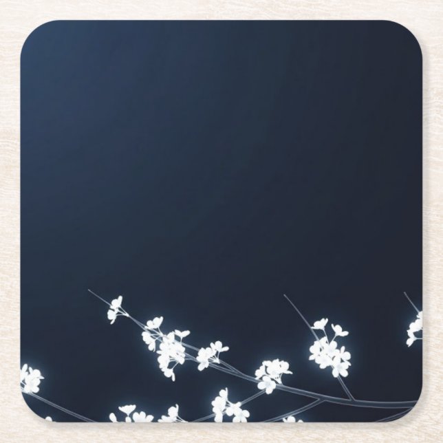 Dessous-de-verre Carré En Papier White Cherry Blossom Navy Background (Devant)