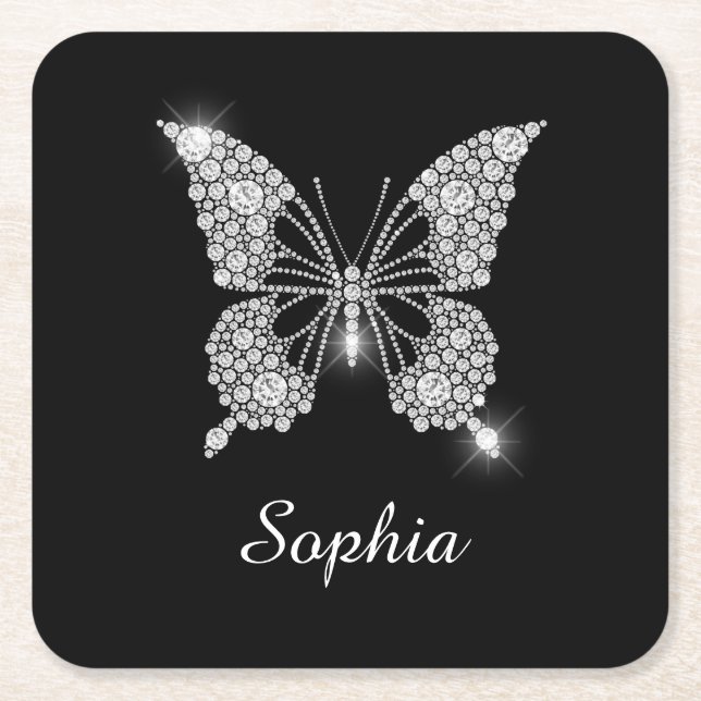 Dessous-de-verre Carré En Papier White Diamond Butterfly, DIY Script Nom, Black (Devant)