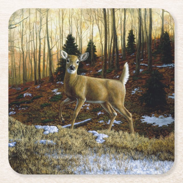 Dessous-de-verre Carré En Papier Whitetail Deer Doe dans la forêt d'automne (Devant)