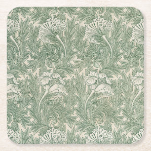 Dessous-de-verre Carré En Papier William Morris Vert Sauge Motif Tulipe : Vintage