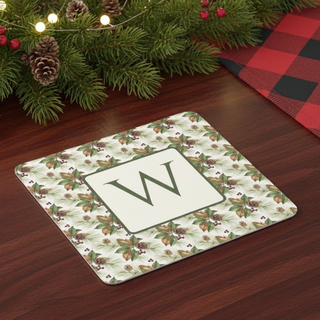 Dessous-de-verre Carré En Papier Winter Evergreen Pinecone Botanical Monogram (Holiday monogram drink coaster)