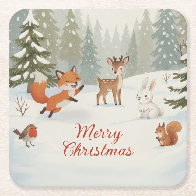 Dessous-de-verre Carré En Papier Winter Woodland Merry Christmas Forest Animals (Devant)