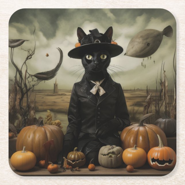 Dessous-de-verre Carré En Papier Witch Cat with Pumpkins  (Devant)