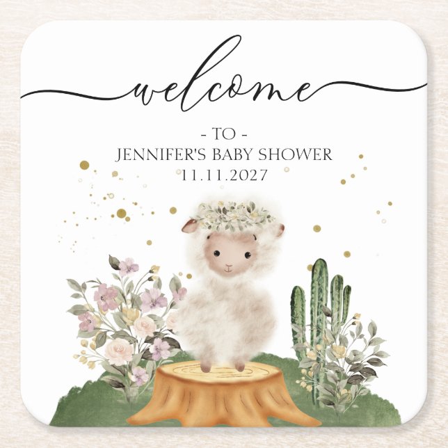 Dessous-de-verre Carré En Papier Woodland Sheep Girl Boy Baby Shower (Devant)