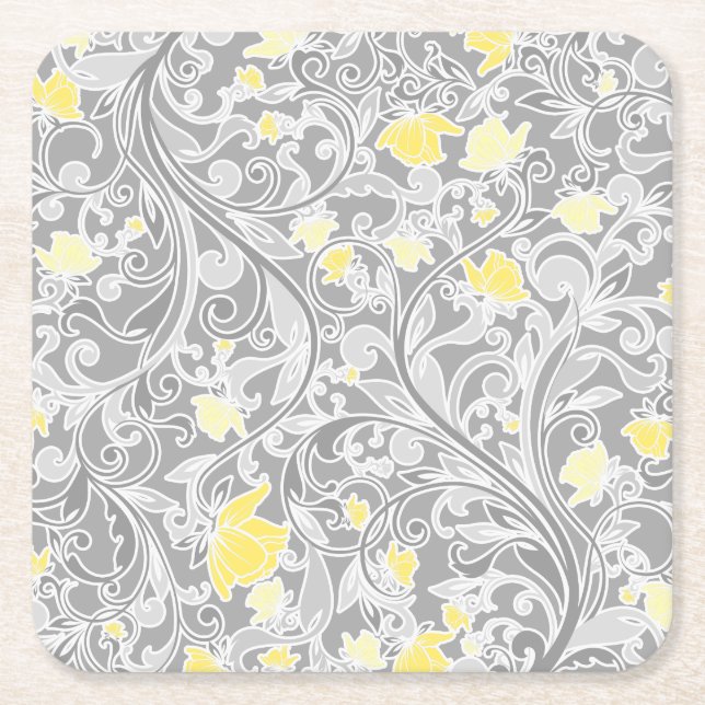 Dessous-de-verre Carré En Papier Yellow and Gray Swirly Floral (Devant)