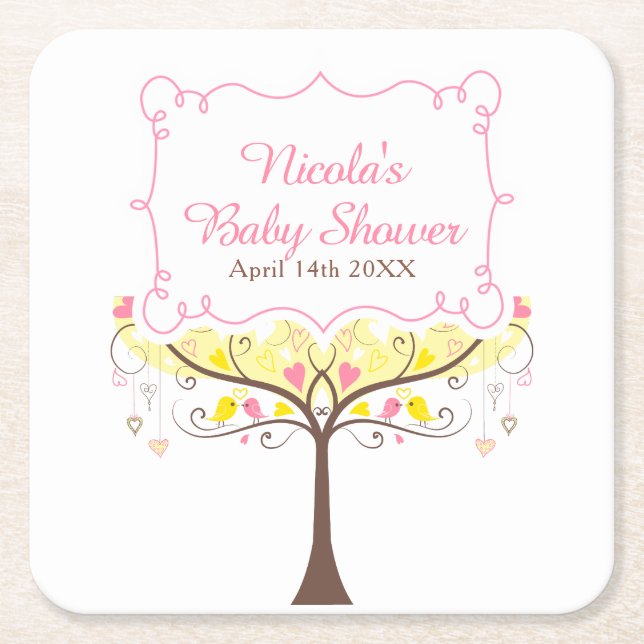 Dessous-de-verre Carré En Papier Yellow Pink Floral Bird Baby Shower  (Devant)