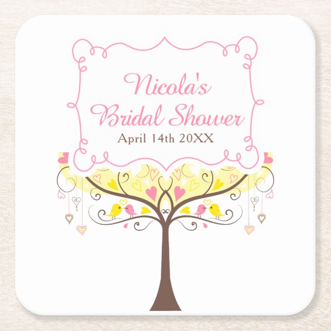 Dessous-de-verre Carré En Papier Yellow Pink Floral Bird Bridal Shower  (Devant)