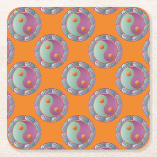 Dessous-de-verre Carré En Papier Yin Yang Médaillon Violet Turquoise