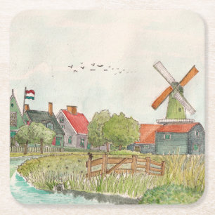 Dessous-de-verre Carré En Papier Zaanse Schans Zaandam Pays-Bas Aquarelle Poste