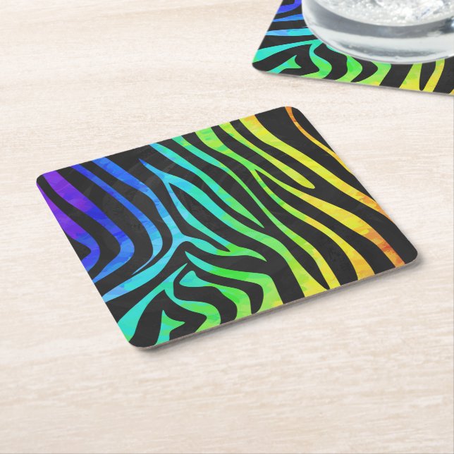 Dessous-de-verre Carré En Papier Zebra Black et Rainbow Print (Incliné)