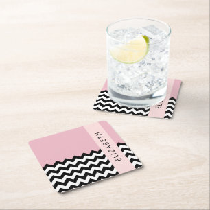 Dessous-de-verre Carré En Papier Zigzag noir et blanc, Chevron, rose, Votre nom