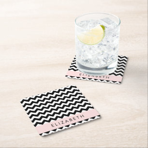 Dessous-de-verre Carré En Papier Zigzag noir et blanc, Motif Chevron, Votre nom