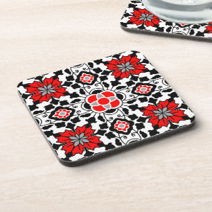 Dessous-de-verre Carrelage marocain floral, rouge profond, noir et
