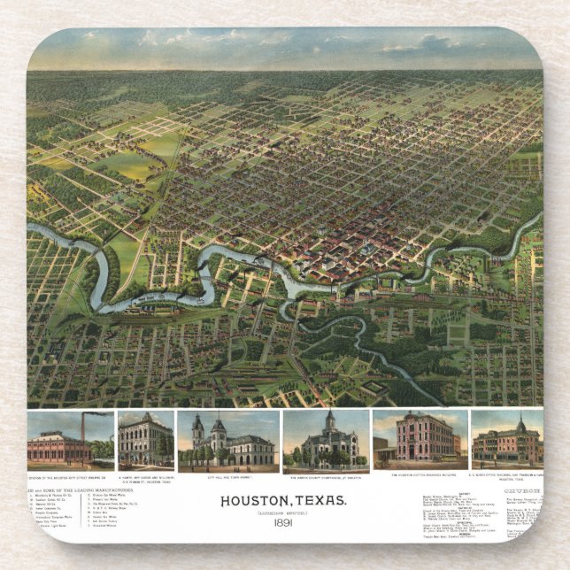 Dessous-de-verre Carte ancienne de Houston, Texas avec la rivière B (Devant)