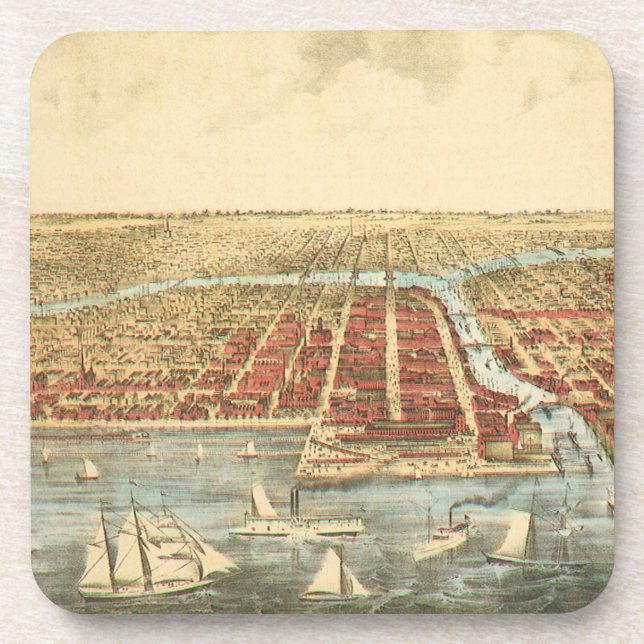 Dessous-de-verre Carte antique de Chicago, LaSalle Street et River (Devant)