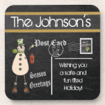 Dessous-de-verre Carte postale Chalkboard Vintage Christmas Snowman<br><div class="desc">Doté d'une carte postale de style vintage avec un bonhomme de neige de mode en vert tenant une maison d'oiseaux. Idéal pour la décoration de Noël. 3 styles différents disponibles. ⭐ Ce Produit est 100% Personnalisable. Les graphiques et / ou le texte peuvent être ajoutés, supprimés, déplacés, redimensionnés, changés autour,...</div>
