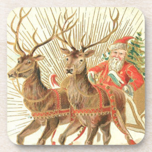 Dessous-de-verre Carte postale de Noël vintage, Père Noël avec renn