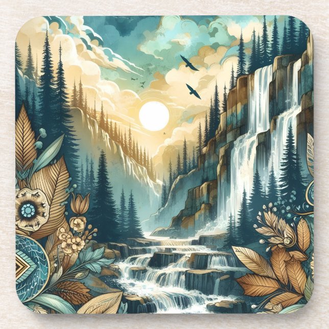 Dessous-de-verre Cascade de Forest Mountain Boho Motif naturel (Devant)