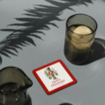 Dessous-de-verre Casse-Noisette Festif Sur Blanc<br><div class="desc">Noisette de Noël avec ornement,  Joyeuse typographie rouge de Noël,  et texte personnalisable. Fond blanc.</div>