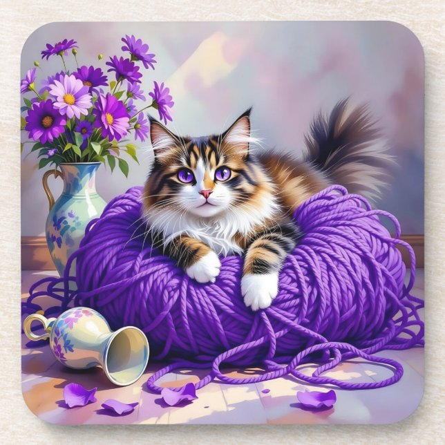 Dessous-de-verre Cat  in Purple Yarn and Flowers   (Devant)