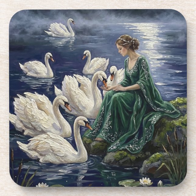 Dessous-de-verre Celtic Swans Moonlit Lake Night Fantasy Art (Devant)