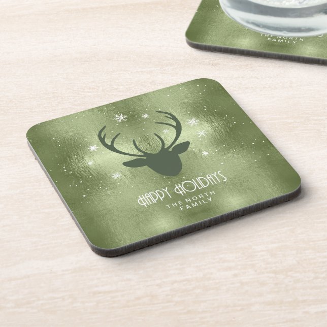 Dessous-de-verre Cerfs Antlers Silhouette & Snowflakes Green ID861 (Côté gauche)