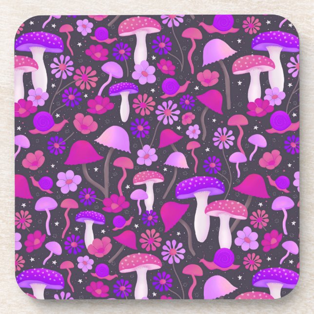 Dessous-de-verre Champignons floraux Trippy rose, violet et noir (Devant)
