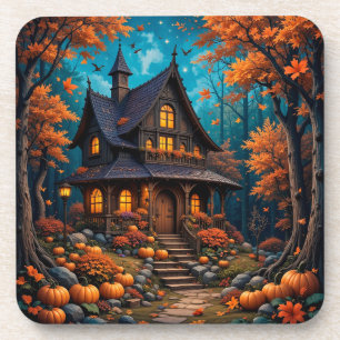 Dessous-de-verre Charmant Cottage avec des citrouilles dans une for