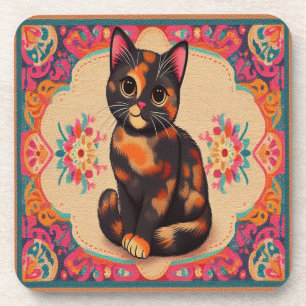 Dessous-de-verre Charmant Cute Tortoiseshell Chat Vibrant frontière