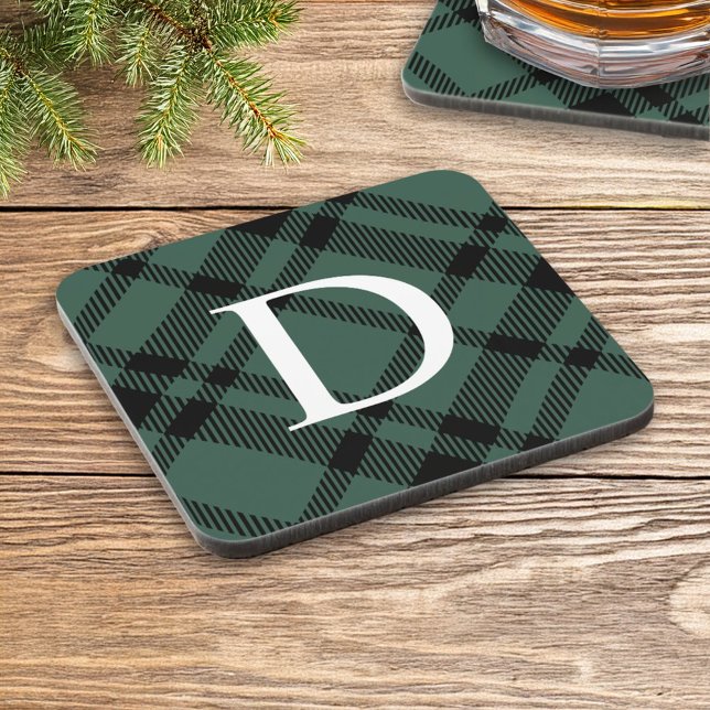 Dessous-de-verre Chasseur Vert Tartan Plaid Personnalisé Monogramme (Créateur téléchargé)