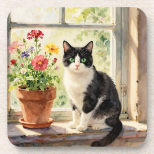 Dessous-de-verre Chat aquarelle et fleurs sur appui de fenêtre