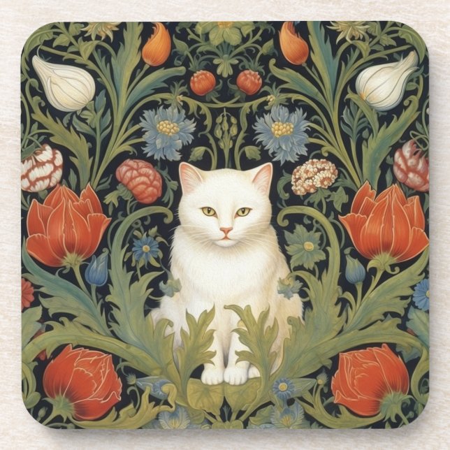 Dessous-de-verre Chat blanc Art nouveau dans le jardin (Devant)