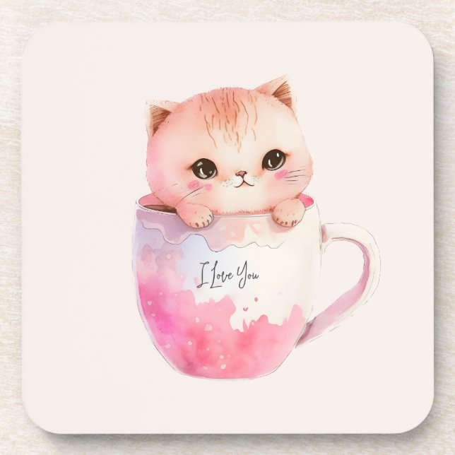 Dessous-de-verre Chat blanc-rose mignonne dans une tasse de thé (2) (Devant)
