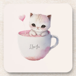 Dessous-de-verre Chat blanc-rose mignonne dans une tasse de thé (4)