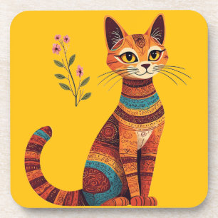 Dessous-de-verre Chat bohème tribal mignon art folklorique avec des