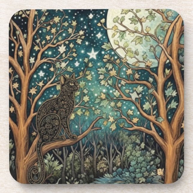 Dessous-de-verre Chat boho ciel nocturne étoilé forêt boisée (Devant)