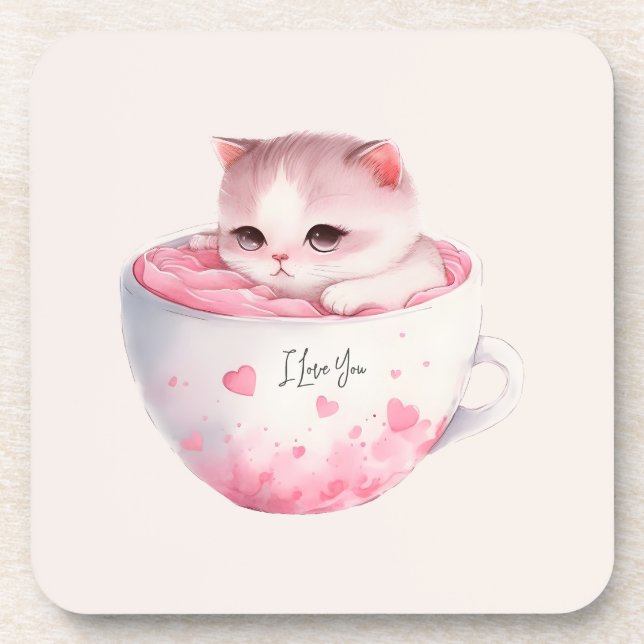 Dessous-de-verre Chat Chibi Rose Kawaii Avec Une Mignonne Couronne (Devant)