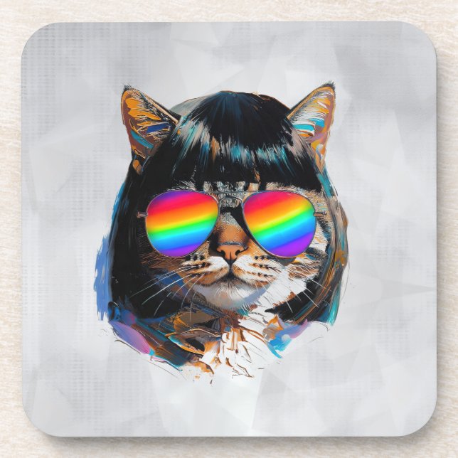 Dessous-de-verre Chat dans une perruque + Lunettes de soleil (Peint (Devant)