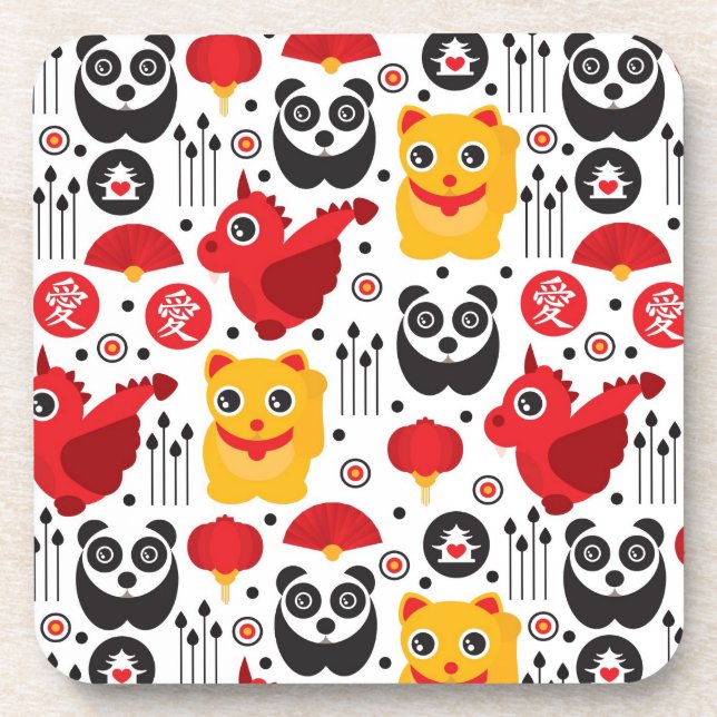Dessous-de-verre Chat, dragon, et panda chanceux de la Chine (Devant)