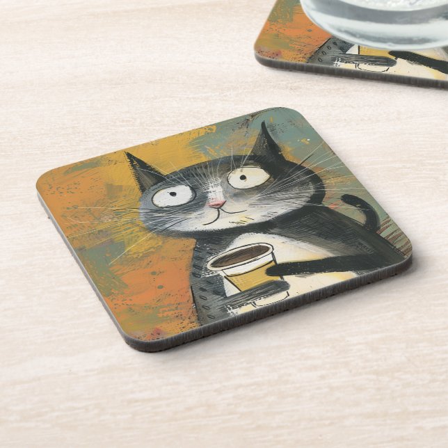 Dessous-de-verre Chat gris avec café sur fond ocre (Côté gauche)