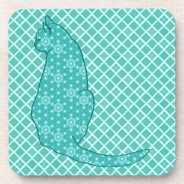 Dessous-de-verre Chat japonais - Kimono turquoise (Devant)