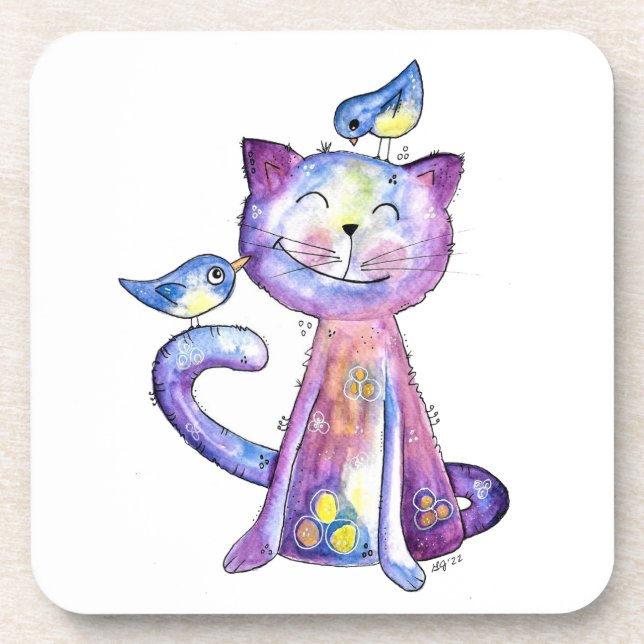 Dessous-de-verre Chat mignon blanc violet avec oiseaux (Devant)