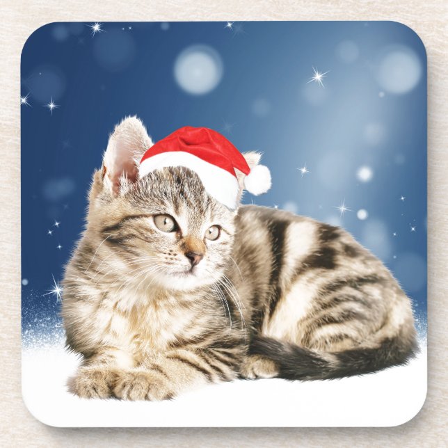 Dessous-de-verre Chat mignon portant chapeau de Noël rouge neige (Devant)