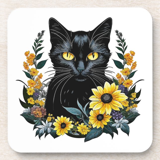 Dessous-de-verre chat noir avec des fleurs (Devant)