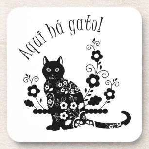 Dessous-de-verre Chat noir avec fleurs et expression portugaise