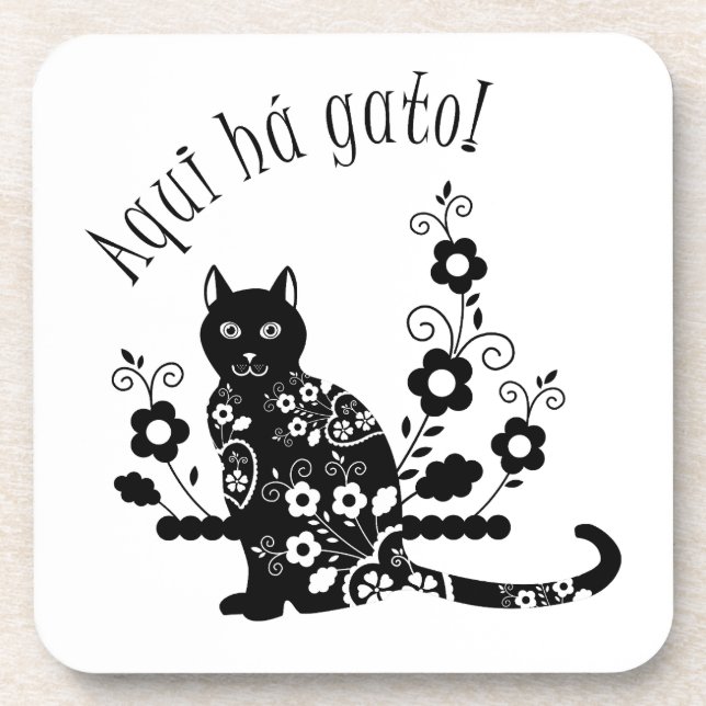 Dessous-de-verre Chat noir avec fleurs et expression portugaise (Devant)