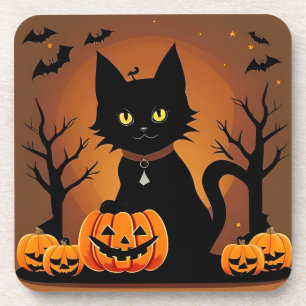 Dessous-de-verre Chat noir d'Halloween entouré de citrouilles lumin