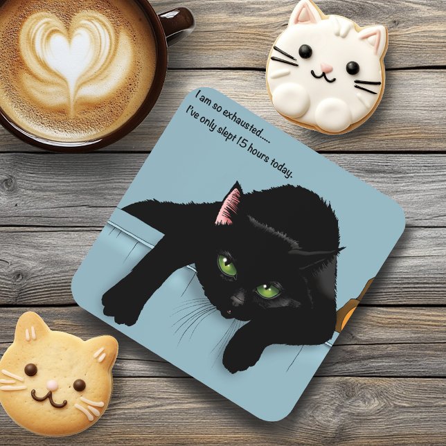 Dessous-de-verre Chat Noir Fatigué Bleu Drôle (Créateur téléchargé)