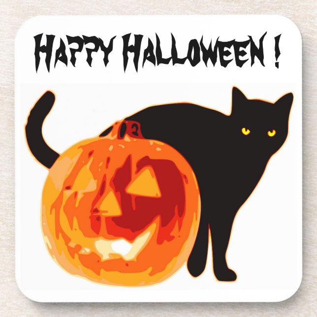 DESSOUS-DE-VERRE CHAT NOIR HALLOWEEN ET CITROUILLE (Devant)