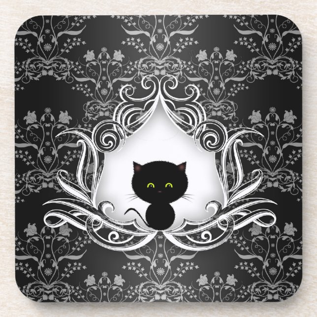 Dessous-de-verre Chat noir mignon sur Damask (Devant)